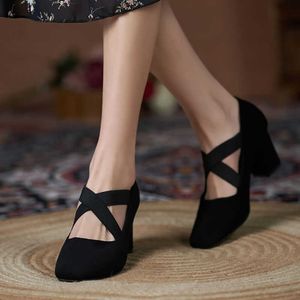 Dress Shoes Dames Cross-Tied Elastic Band Pumps Faux Suede High Heel Gladiator smalle band Vintage Mary Jane schoenen Zapatos Mujer 1224N AA230322