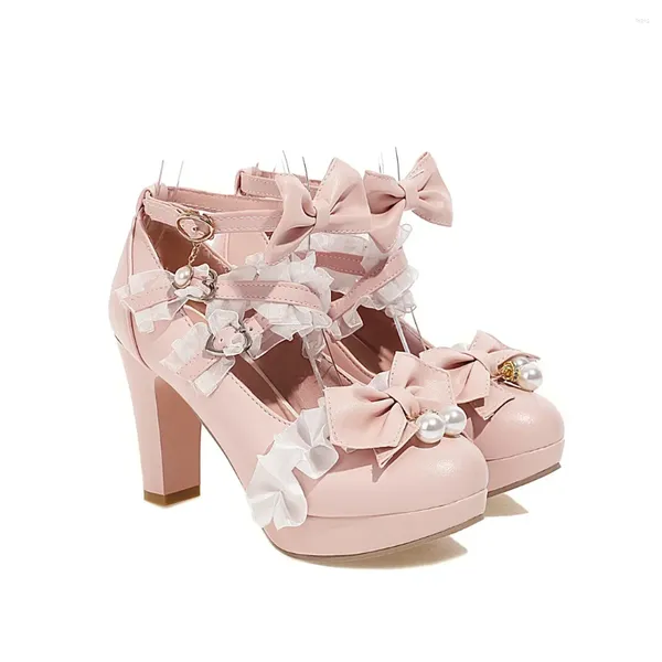 Chaussures habillées Femmes Mignon Bowknot Décor Bloc Talons Doux Lolita Mode Boucle Sangle Pompes Tea Party Élégant Cosplay