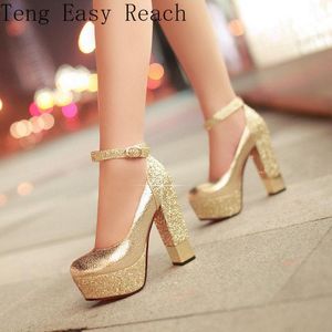 Dress Shoes Women's Fashion Gold Silver Agtined High Heel Sexy Platform Ankle Strap Quality Pumps Party Spring Autumn Women 43