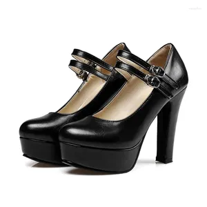 Dress Shoes Women's Fashion Office Lady Ankle Strap Ladies Round Toe Platform Buckle Block High Heel Party