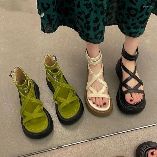 Zapatos de vestir calzado verde para mujeres con tacones medianos verano 2024 sandalias de estilo romano para mujer plataforma moda transpirable h f f