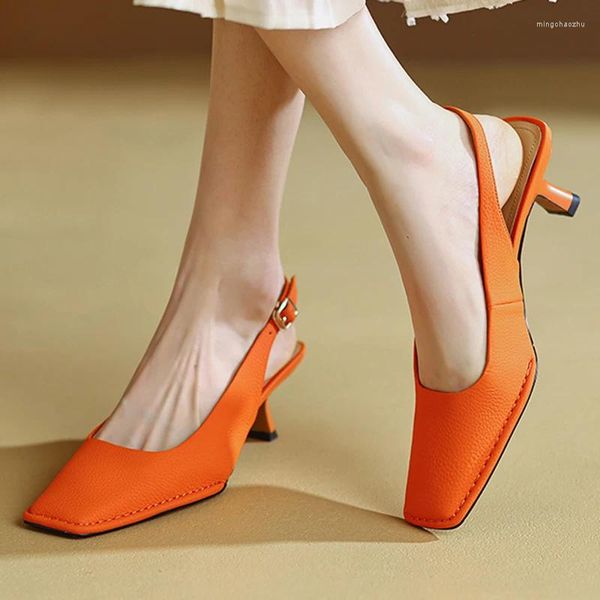 Robe chaussures femmes tête Slingback 2024 mode tout-match couleur unie élégant cuir PU orange talons hauts dames sangle