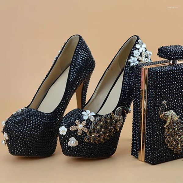 Chaussures habillées talons hauts pour femmes Black Crystal Peacock Bridal Wedding Party and Sac Mesdames Fashion Thin Spring