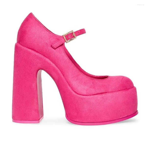 Zapatos de vestir Sandalias de tacón con hebilla y punta redonda de gamuza rosa de alta calidad para mujer Bombas de plataforma de tacón grueso sexy