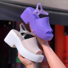 Zapatos de vestir Jelly para mujer 2024 Verano Chicas adultas Esponja romana Suela gruesa Sandalias de punta expuesta Pendiente Tacón Playa