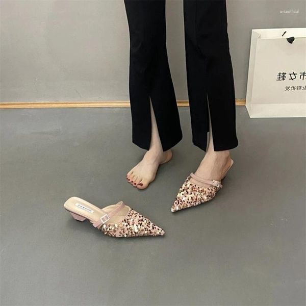 Zapatos de vestir Mules para mujer 2024 Sandalia de verano Damas Rhinestone Slingback Slip en cómodos tacones altos de moda transpirable