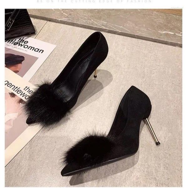 Robe chaussures femmes bout pointu talon fin noir sexy fourrure hiver banquet égaré