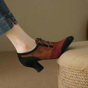 Zapatos de vestir Bombas de mujer Brogue Vintage Tacón grueso Kid Suede Oxford Mujer Lace Up Mujer Moda Elegante Damas Botas cortas