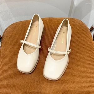 Chaussures habillées Escarpins pour femmes Mary Jane en cuir verni talons carrés boucle haute bout blanc 35-40