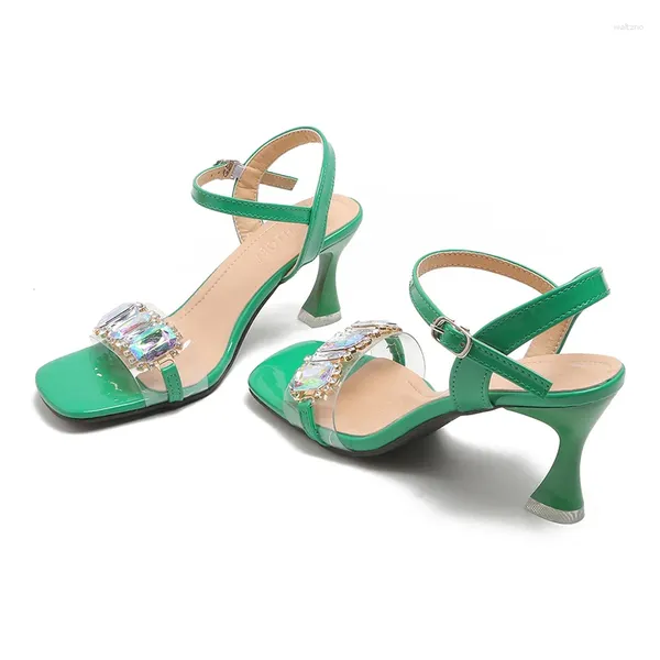 Chaussures habillées Sandales féminines 2024 Été High Heel Crystal Open Toe Buckle Fashion Green Sandalias Sexy Talons minces Mujer