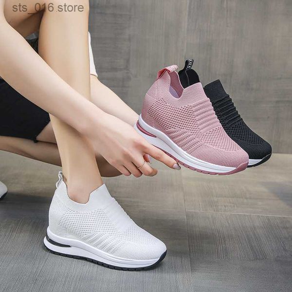 Chaussures habillées Chaussures pour femmes 2022 été talon caché compensées blanc rose baskets femme plate-forme respirant maille noir talon haut chaussures décontractées T230826