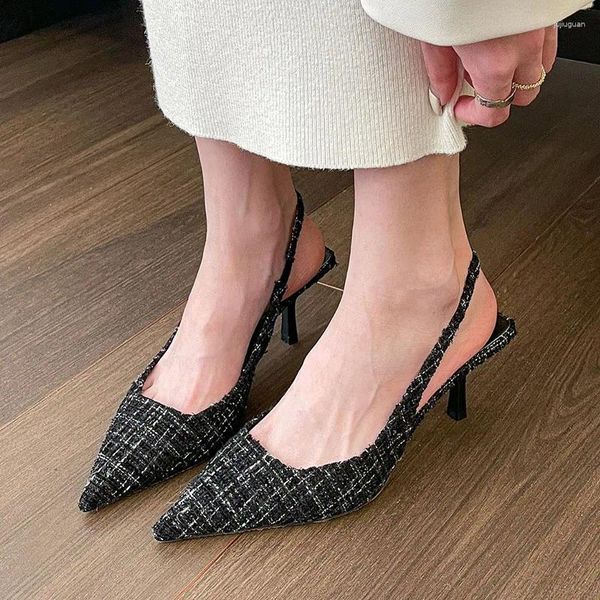 Chaussures habillées Slingbacks pour femmes 2024 Été Sandales à bout pointu Costume Tweed Talons hauts Chaussure Plaid Slip sur