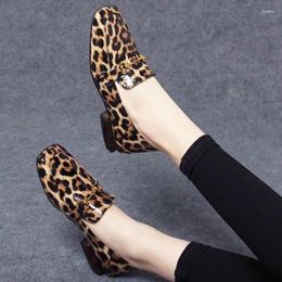 Zapatos de vestir para mujer, punta cuadrada, sencillo, verano 2023, botón de Metal, tacón de leopardo para mujer, zapatos de tacón Retro poco profundos para mujer