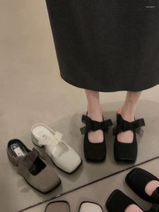 Dress Shoes Women's Square Toe Slippers 2024 Spring/herfst/zomer dikke hiel lint boog sandalen muller