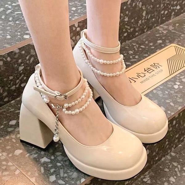 Robe chaussures femmes vintage perle talons hauts all-match Mary Jane style coréen tête ronde boucle pompes de fête Zapatos Tacon Mujer