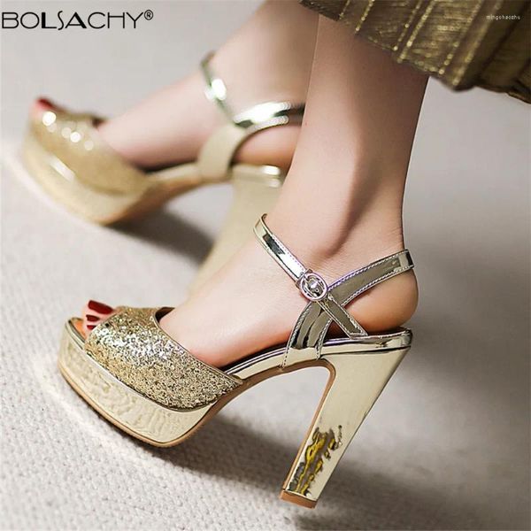 Zapatos de vestir para mujeres secuacas sandalias de punta abierta de la moda buckl buckl tacones altos de oro negros Sliver Rome Ladies Plataforma 32-43