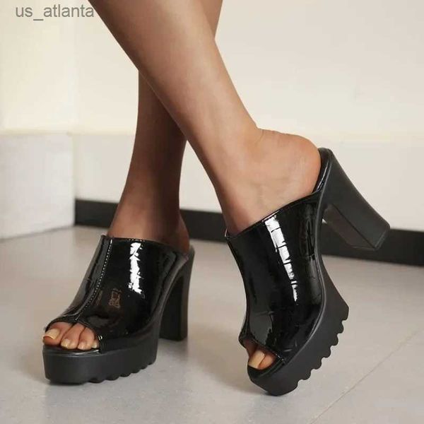 Zapatos de vestir para mujeres sexy lindos tacones altos mulas plataforma de punta abierta negra damas de cuero zapatillas de cuero resbalón femal sandalias h240403