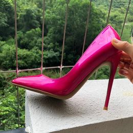 Sapatos de vestido mulheres sexy elegante bombas stilettos couro brilhante rosa rosa salto alto apontou toe festa celebridade casamento