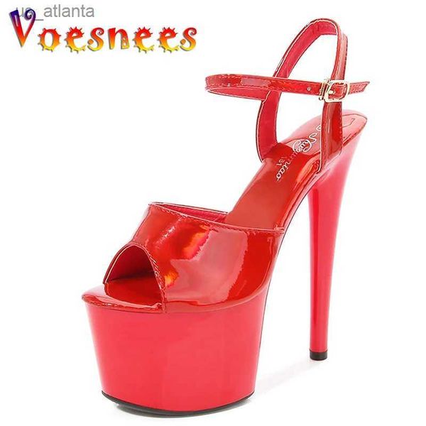 Chaussures de robe Femmes Sexy Show Sandales 15 17 20cm Talons hauts Laser Peinture brillante Plate-forme en cuir Couleur Stripper Pompes Filles Chaussure pour Party Club H240325