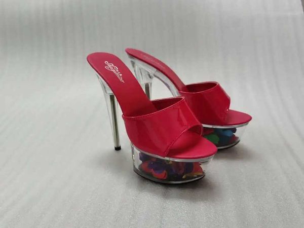 Chaussures de robe Femmes Pantoufles Plate-forme d'été Fleur Rouge Talons hauts en cuir verni 15cm Sandales d'extérieur Dames Talon clair Cristal H240321EUW63EMA