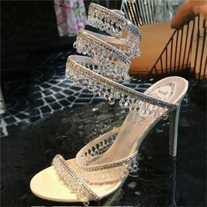 Dress Shoes Women Stiletto Heel Crystal Sandals High Snake enkelriem Seksuele steentjes snaar fringe voor smalle riem