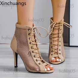 Zapatos de vestir Mujer Verano Hueco Tacones de malla Sandalias con cordones Botas peep toe Zapatos de baile femeninos T231117