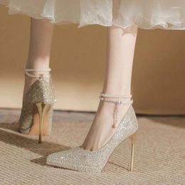 Dress Shoes Women Wedding Crystal Sequins Pumps Party Bling Glitter High Heel Ladies Pearl Chains