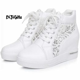 Jurk Schoenen Vrouwen Wedge Platform Rubber Brogue Leer Lace Up Hoge hak Schoenen Puntschoen Toenemende Creepers Wit Zilver Sneakers