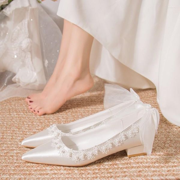 Robe chaussures femmes dentelle blanche talons bas été 4cm mariage strass perle chunky mode dame fête