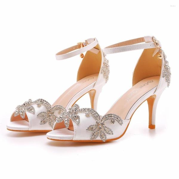 Chaussures habillées femmes soie blanche 7 cm talons hauts Banquet strass mariage doux sauvage unique sandales mariée fête pompes A-74