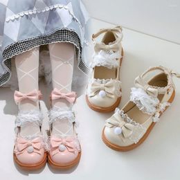 Zapatos de vestir para mujer Lolita punta redonda Bowknot encaje Kawaii Cosplay Bola de pelo tacón bajo de talla grande 34-43 Mary Janes Sweet 2023