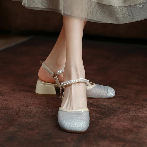 Zapatos de vestir para mujer Mary Jane Sandalias femeninas Correas de tobillo con perlas Malla de aire brillante Tacones bajos elegantes