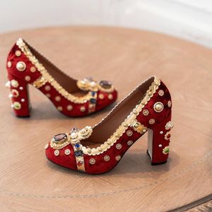 Zapatos de vestir para mujer, zapatos de tacón alto con bloque de diamantes de terciopelo, diamantes de imitación dorados, corte de cuero genuino, punta redonda de lujo de talla grande, vestido 2022