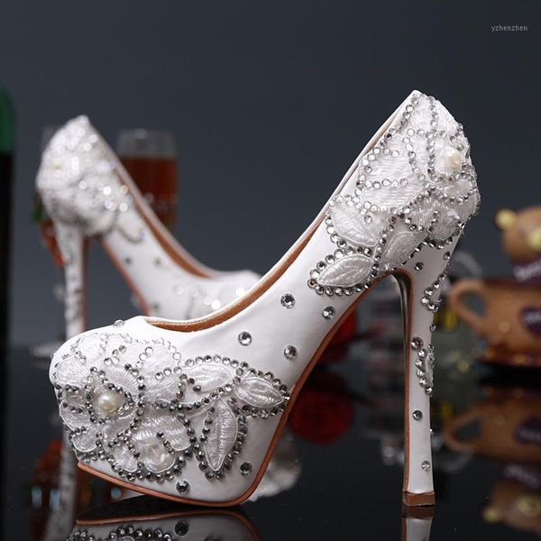 Zapatos de vestir para mujer boda encaje blanco bordado perla novia punta redonda bombas Sexy fino tacón alto fiesta de diamantes de imitación tamaño grande 431