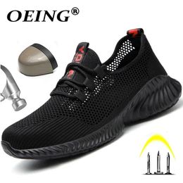 Sapatos sociais Botas de trabalho respiráveis de segurança masculinos leves verão antiesmagamento piercing sandálias tênis de malha único protetor 230725