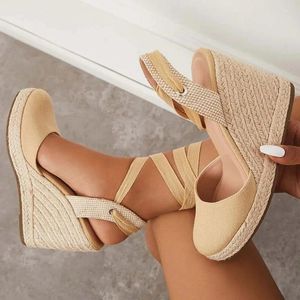 Chaussures habillées tissées plate-forme tressée Espadrille Wedge cheville ruban croisé à lacets bout rond toile tissu talon compensé