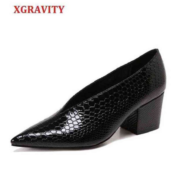 Zapatos de vestir Xgravity Cocodrilo Patrón Diseñador Vintage Noche Ladie Moda Be Toe v Corte Mujer Tacón alto Bomba Sexy C076 220718