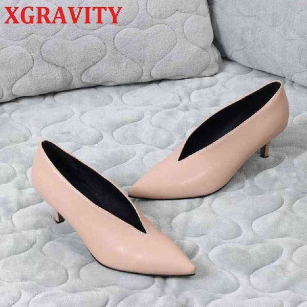 Zapatos de vestir Xgravity New Spring Winter Fashion Elegant Brand v Cut Design Punch Pump High Heel Sexy Women Mujer 220715