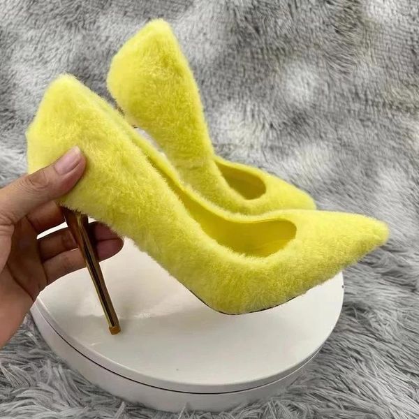 Zapatos de vestir Amarillo Piel sintética Mujeres Punta puntiaguda Tacón alto Sexy Ladies Slip On Designer Stiletto Bombas Tamaño grande Plus 33-46