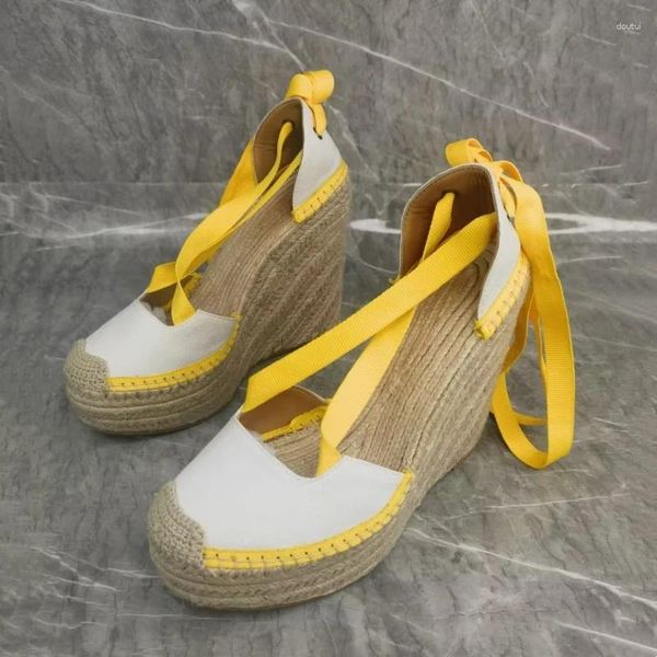 Robe chaussures jaunes compensées à lacets sandales à talons hauts dames designer Zapatos été plate-forme rose pour femmes Sandalias de Mujer Verano