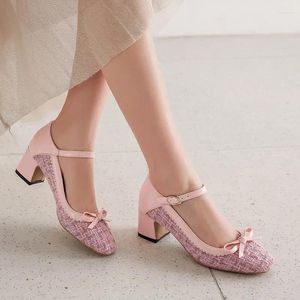 Dress Shoes Ymechic Block High Heel Pumps Dames schoen Pink Black Red Square Toe Bowtie Sweet Party Mary Jane Lolita 2024 Zomer