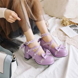 Chaussures habillées yqbtdl Vendre Cosplay Purple Pink Talons Cross Strap Mary Jane Pricines Lolita Femme Bloc High Heel Pumps 2024