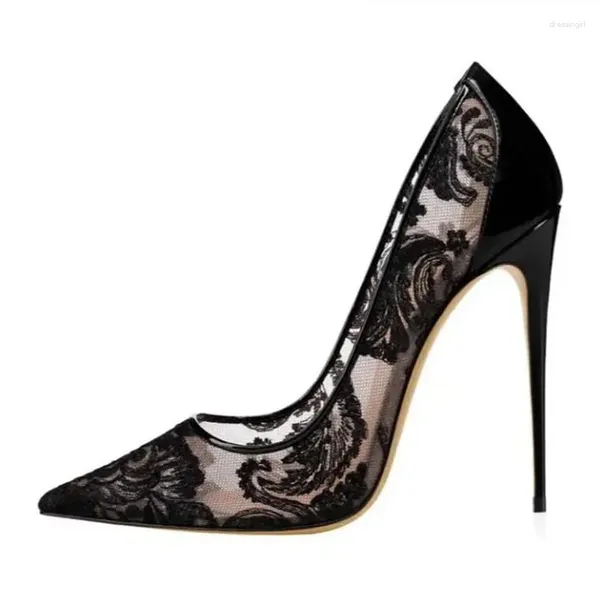 Robe chaussures Zapatos Mujer mode Air Mesh pompes femmes dentelle noire fleur bout pointu 12cm talons hauts mariage grande taille 13