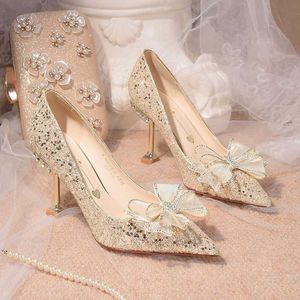 Robe chaussures noeud papillon détachable talon mince talons hauts photo de mariage cristal montrer il deux portant des chaussures pour les femmes