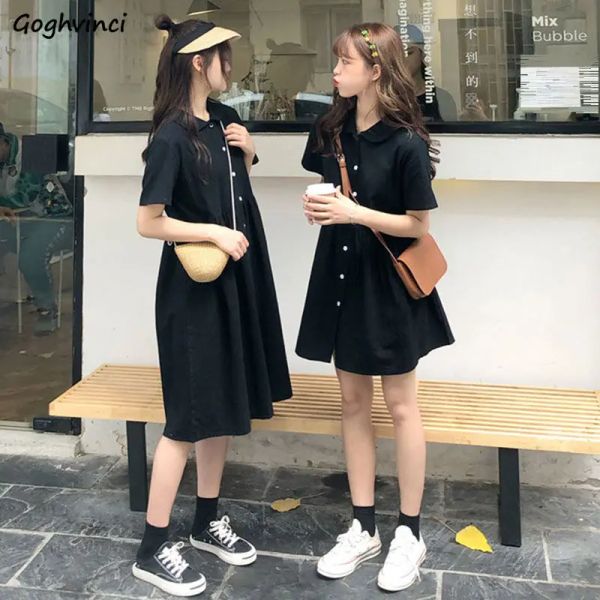 Robe robe à manches courtes col claudine noir simple boutonnage Aline ample Preppystyle Kawaii doux filles femmes mode élégante