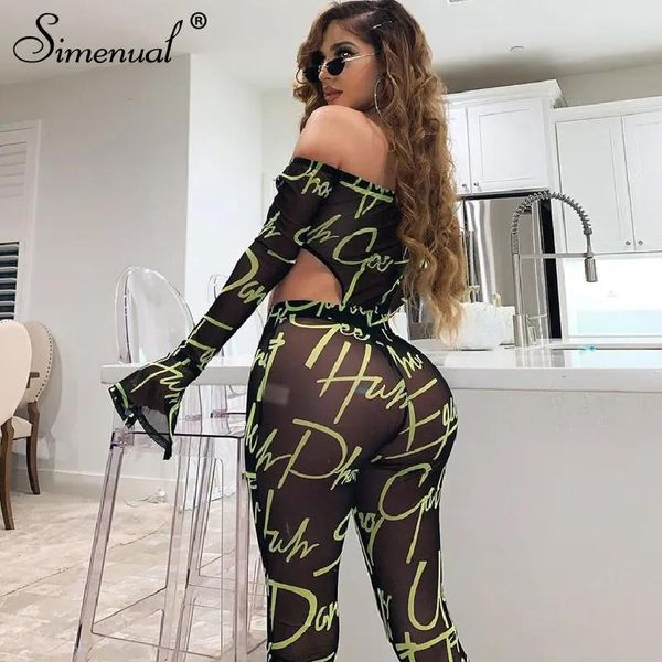 Vestido Simenual Mesh Sexy Hot Transparent Women Coord Set Estampado de letras Fuera del hombro Traje de 2 piezas Conjunto de mono y pantalones de manga larga