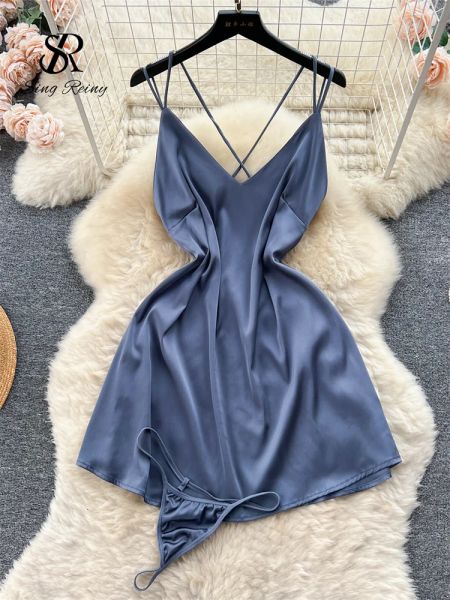 Vestido SINGREINY Mini vestido sexy de satén de alta calidad con tirantes para mujer Camisón erótico sin espalda delgado sin mangas + tangas Ropa de dormir porno sólida