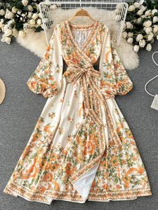 Jurk Singreiny Spring Women Vintage Long Dress V Hals Lange mouwen Sashes Boheemian Retro Dress Fashion Ladies Floral Print Maxi Dress