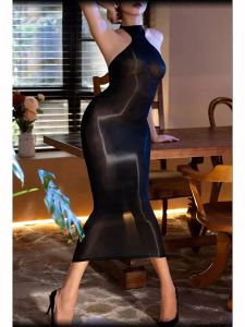 Robe Sans Manches Brillant Brillant Halter Robe Midi À L'extérieur Sans Couture En Nylon Robe Bodystocking Collants Transparent Robes Sexy Lingerie