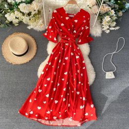 Robe Slim 2023 Vintage amour coeur imprimé col en V robe De pansement été Midi longue fête femmes taille haute robe De Festa robe élégante